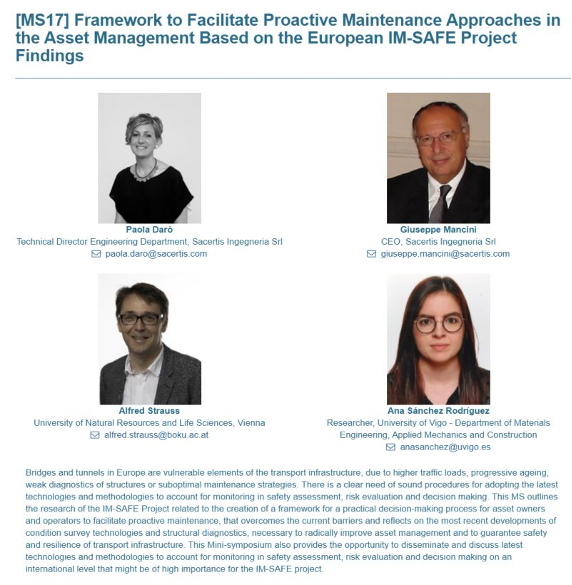 Sacertis participates to the #IABMAS2022 conference in Barcelona organizing the mini symposim MS17: framework to facilitate proactive maintenance approaches in the asset management based on the European IM-SAFE project findings